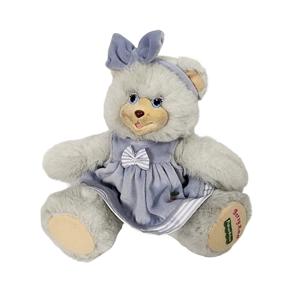 Fisher Price BerryAnn Plush Teddy Bear 1998 Vintage Grey Purple Dress 8 Inch